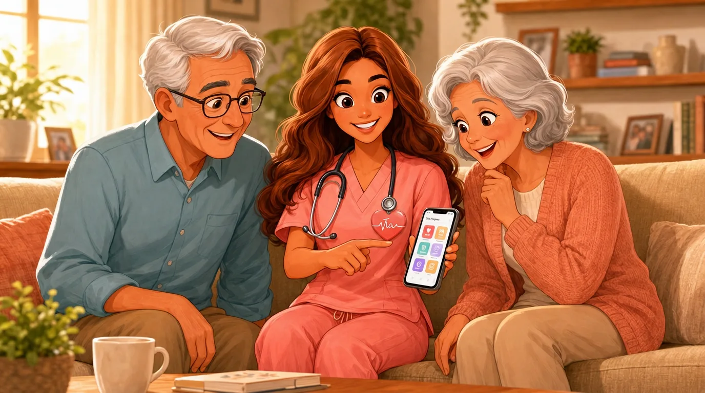 Tia, a enfermeira da Tia Médica, mostrando o celular para um casal de idosos no sofá de casa