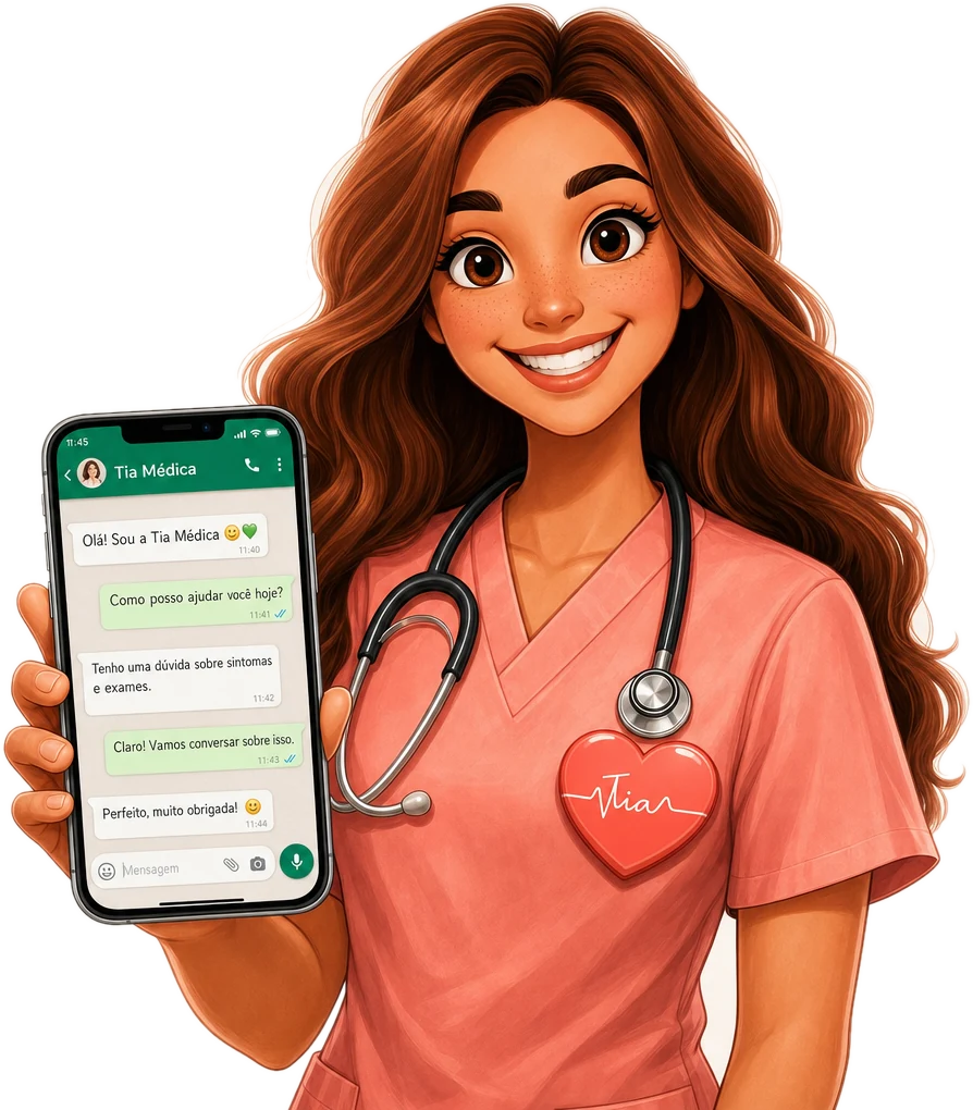 Tia, a enfermeira da Tia Médica, mostrando uma conversa de WhatsApp no celular